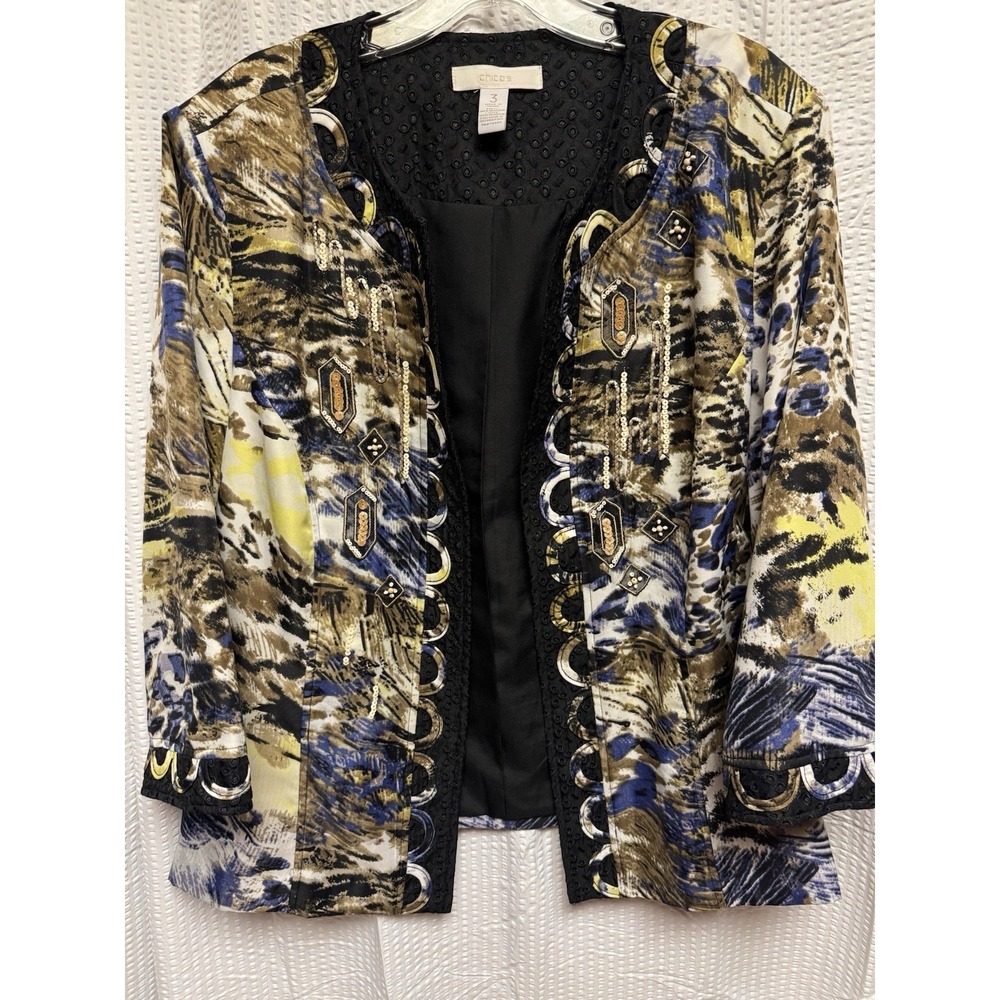Chico's Women's Open Front Cardigan Blazer Animal Print Beads Sequin Size 3 - Picture 1 of 15